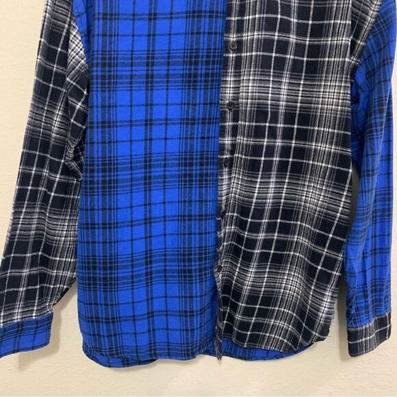 FOREVER 21 SHIRT MEN’S SMALL BLUE BLACK 100% COTTON FLANNEL PLAID COLOR BLOCK. - Picture 4 of 11